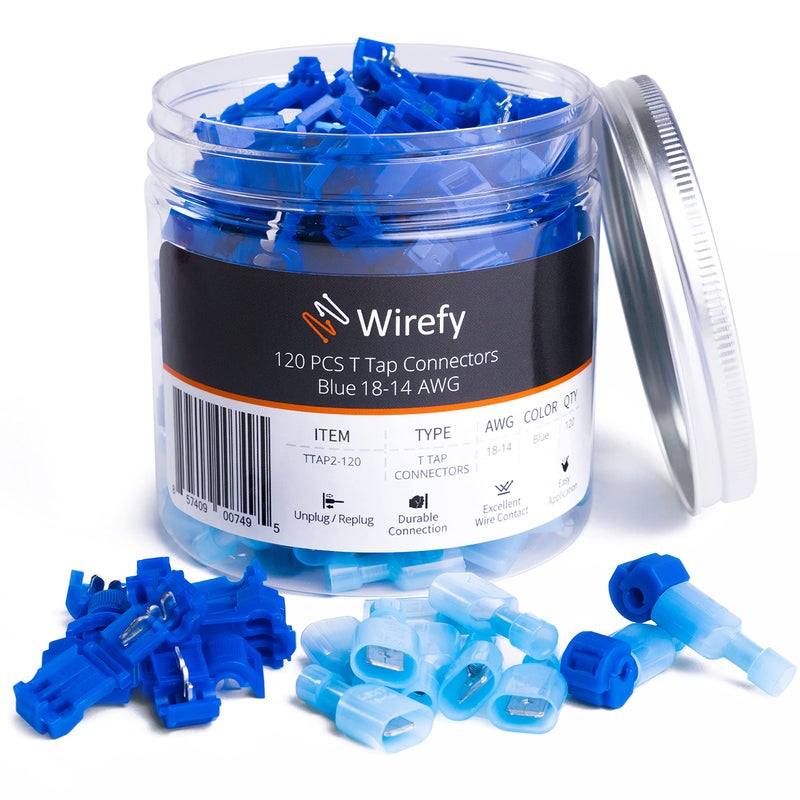 Wirefy 120 PCS T Tap Wire Connectors - Quick Splice Wire Connectors - for Low Voltage Usage - Quick Disconnect Wire Taps - Blue 18-14 AWG - Image 1